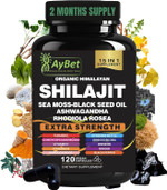 Shilajit For Men And Women-Organic Himalayan Shilajit Capsules With Sea Moss, Black Seed Oil, Ashwagandha, Rhodiola Rosea, Burdock, Cordyceps Mushroom, Ginseng, Turmeric, Ginger, 120 Capsules