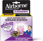 Airborne Elderberry Extract + Vitamin C 1000Mg (Per Serving) - Effervescent Tablets (20 Count In A Box), Gluten-Free Immune Support Supplement, With Vitamins A C E, Zinc, Selenium, Sugar Free