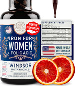Windsor Botanicals Liquid Iron Supplements For Anemia - Folic Acid, Vitamin C, Vegan Blood Builder And Anemia Supplement - 2 Oz Orange Flavor Gentle Iron Drops For Women