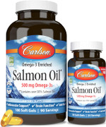 Carlson - Norwegian Salmon Oil, 500 Mg Omega-3S, Norwegian Salmon Oil Supplement, Wild Caught Omega 3 Salmon Oil Capsules, Sustainably Sourced, Brain, Heart & Joint Health, 180+50 Softgels Carlson - Norwegian Salmon Oil, 500 Mg Omega-3S, Norwegian Salmon Oil Supplement, Wild Caught Omega 3 Salmon Oil Capsules, Sustainably Sourced, Brain, Heart & Joint Health, 180+50 Softgels