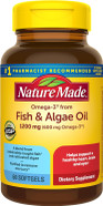 Nature Made Omega 3 Fish Oil And Algae Oil Supplements, 1200Mg, Omega 3 Supplement For Heart, Brain And Eyes Support, One Per Day, 60 Softgels