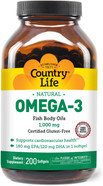 Country Life Omega-3 Fish Oil Supplement, 1000Mg, 180Mg Epa & 120Mg Dha, Fish Oil Concentrate, Burpless, 200 Softgels, Certified Gluten Free Country Life Omega-3 Fish Oil Supplement, 1000Mg, 180Mg Epa & 120Mg Dha, Fish Oil Concentrate, Burpless, 200 Softgels, Certified Gluten Free