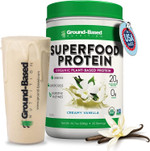 Ground-Based Nutrition Plant-Based Protein Superfood Powder - Vanilla Flavor - Vegan, Keto, Paleo Friendly - High Protein, Low Calorie, Gluten-Free - 20 Servings Creamy Vanilla