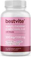 Bestvite Acetyl L-Carnitine 500Mg & Alpha Lipoic Acid 200Mg Per Capsule With Biotin (120 Vegetarian Capsules) - No Stearates - Vegan - Non Gmo - Gluten Free
