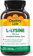 Country Life L-Lysine 500Mg With B-6, Supports Immune Health, Promotes Collagen Renewal In Lips And Mouth, 100 Vegan Capsules, Certified Gluten Free, Certified Vegan