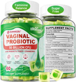 Vegan Vaginal Probiotics For Women Gummies - Ph, Odor, Feminine Balance, Yeast, Urinary Tract - 50 Billion Cfu Lactobacillus Reuteri, Cranberry, Prebiotics Fiber - Delayed Release - Sugar Free, 60 Cts