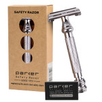 Parker 99R Chrome Long Handle Heavyweight Butterfly Open Double Edge Safety Razor For Men, 5 Parker Premium Platinum Double Edge Razor Blades Included