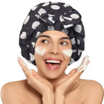 Litbear Luxury Silk Lined Shower Caps For Women Reusable Waterproof, Double Layered Large Bathing Hair Cap With Adjustable Elastic Strap, Non-Slip, Quick-Dry, For Long Short Hair, Black Dots