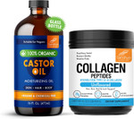 Sandhu'S 100% Organic Pure Castor Oil 16 Fl. Oz In Premium Glass Bottle & Collagen Powder| Hair, Eyelashes Growth, Eyebrows, Body & Skin Care, Liver Detox