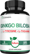1000Mg Ginkgo Biloba Supplements With L-Tyrosine, L-Theanine - 120 Capsules For 2-Month Supply - Support Focus, Mermory Function, Brain Health & Vision Quality