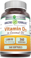 Amazing Formulas Vitamin D3 With Coconut Oil Supplement | 5000 Iu Per Serving | 180 Softgels | Non-Gmo | Gluten Free | Made In Usa
