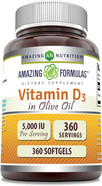 Amazing Formulas Vitamin D3 With Olive Oil 5000 Iu Softgels Supplement | Non-Gmo | Gluten Free | Made In Usa (180 Count)