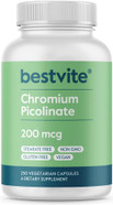 Bestvite Chromium Picolinate 200Mcg (250 Vegetarian Capsules) - No Stearates - No Dicalcium Phosphate - Vegan - Gluten Free - Non-Gmo