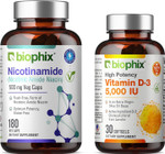 Biophix B-3 Nicotinamide 500 Mg 180 Vcaps Plus Free Vitamin D-3 5000 Iu 30 Softgels - Nicotinic Amide Niacin Natural Flush-Free Vitamin Formula - Supports Skin Cell Health