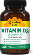 Country Life Vitamin D3 2500 Iu  Non-Fish Derived, High Potency Vitamin D3 For Bone Strength, Immune Support & Calcium Absorption  Certified Gluten-Free, 200 Softgels