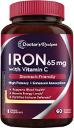 Doctor'S Recipes Iron Supplement For Women Men - Gentle Iron Bisglycinate With Vitamin C, B6, Folate & B12 - Non-Constipating & Stomach Friendly Iron Pills For Blood & Energy Support, 180 Vegan Caps