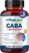 Fineland Gaba + Bioperine®  Gamma-Aminobutyric Acid Supplement For Relaxation & Daily Calm | Supports Emotional Well-Being, Vegan  120 Capsules, Made In Usa
