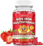Iron Supplement Gummies For Kids, Kids Multivitamin With Iron Gummies - Zinc, Vitamin B Complex, A, C, D3, B12, Folate For Blood Builder & Energy Support, Vegan Sugar Free Green Apple & Kiwi 60Ct