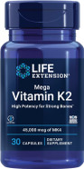 Life Extension Mega Vitamin K2 High Potency For Strong Bones, Clinically Studied 45 Mg K2 Dosage, Promotes Healthy Bone Density, Gluten-Free, Non-Gmo, 30 Capsules