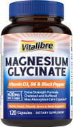 Magnesium Glycinate 420Mg With Vitamin D3 & B6 | Chelated & Buffered Magnesium Supplement | High Absorption For Calm, Mood, Sleep & Muscle Support, 120 Vegan Capsules, Non-Gmo