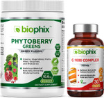 Phytoberry Greens Berry Flavor Superfood Powder 10 Oz - Free Vitamin C-1000 30 Tablets - Natural Berry Flavor Greens Vegetables Fruits Fiber Probiotics Smoothie Shake Nutritiondrink