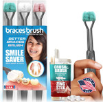 Smile Saver 360° Braces Brush 3-Sided Toothbrush 3Pk + Toothpaste Tablets + Cinnamon Infused Toothpicks | Built-In Tongue Scraper | Adults Children Braces Travel Made In Usa (Charcoal Handles)