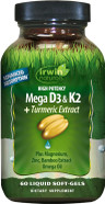 Irwin Naturals High Potency Mega D3 & K2 + Turmeric Extract For Healthy Bones, Immune Function & Positive Mood - Advanced Absorption With Magnesium, Turmeric, Bamboo & Omega Oil - 60 Liquid Softgels