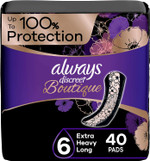 Always Discreet Boutique Incontinence Pads, for Bladder Leaks, Extra Heavy Absorbency, Long Length, 40 CT