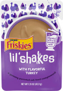 Purina Friskies Wet Pureed Cat Food Topper, Lil' Shakes With Flavorful Turkey Lickable Cat Treats - 1.55 oz. Pouch