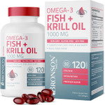 Bronson Omega-3 Fish + Krill Oil 1000 MG EPA DHA Astaxanthin Premium Blend - Joint, Brain & Eye Health - Non GMO, Heavy Metal Tested, 120 Softgels