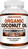 Arazo Nutrition Organic Coconut Oil 2000 Mg - 100% Extra Virgin Unrefined Cold Pressed For Weight Support, Skin, Hair, Nails - 120 Softgel Capsules
