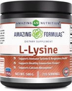 Amazing Formulas L-Lysine Amino Acid Vitamin Supplement (Non-Gmo, Gluten Free) - Immune Support, Respiratory Health & More (Powder, 500 Grams)