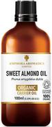 Amphora Aromatics Organic Cold Pressed Sweet Almond Oil 100ml; 100% Pure, Vegan, Certified Organic Sweet Almond Oil