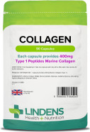 Lindens Collagen (Marine) 400mg Capsules - 90 Pack - Marine Source Hydrolysed Collagen in A Rapid-Release Capsule for Maximum Absorption - UK Manufacturer