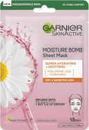 Garnier Moisture Bomb Chamomile And Hyaluronic Acid Sheet Mask, Hydrating & Soothing Face Mask, For Sensitive Skin, Biodegradable And Vegan Tissue, 28 G