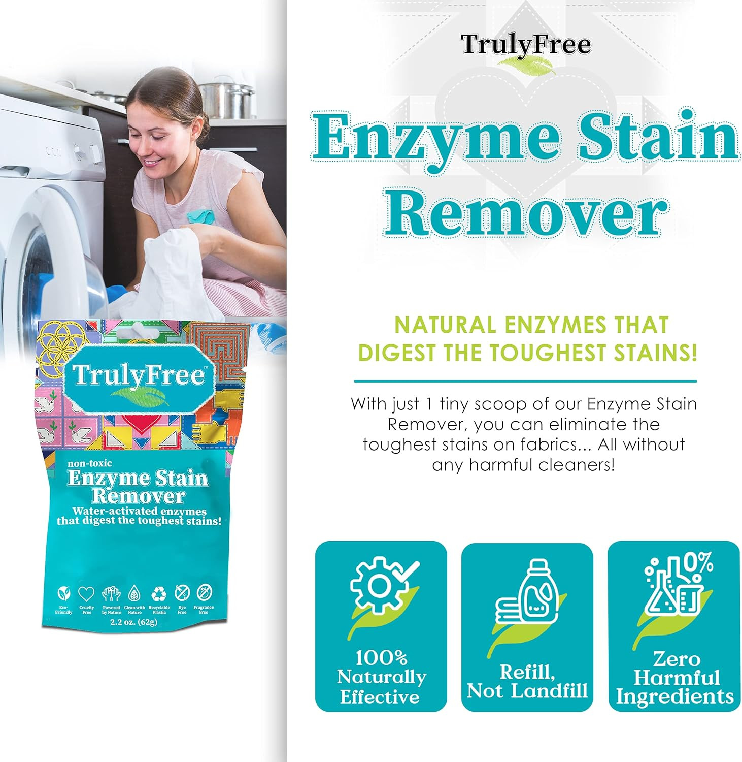 Truly Free Natural Stain Remover, WaterActivated Enzymes, Breaks Down