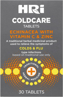 HRI ColdCare Immunity 30 Tablets - Echinacea, Plus Vitamin C and Zinc to Relieve The Symptoms of Colds and Flu Type Infections. 1 Pack