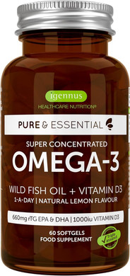 Omega-3 Wild Fish Oil & Vitamin D3 1000Iu, 1-A-Day, Highly Concentrated Epa & Dha, Fast-Acting Rtg, Natural Lemon Flavour, 60 Softgels, By Igennus
