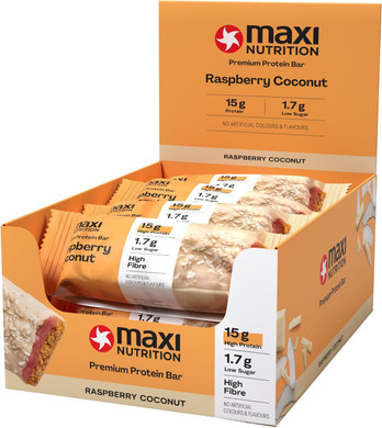 Maxinutrition Premium Protein Bar - High Protein Snack - Low In Sugar - 15G Protein - Raspberry Coconut, Under 190 Kcal Per Serving, 12 X 45G