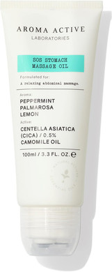 AROMA ACTIVE LABORATORIES SOS Stomach Massage Oil 100ml - Ease discomfort, Calm Turbulent, Cooling, Helps Take Down Bloated Tums, Ballooning, Cramps, Camomile, Centella asiatica, Metal applicator