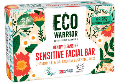 Eco Warrior Sensitive Facial Soap Bar - Vegan, Cruelty Free, No SLS or Parabens, Natural Soap Bar Made with Castile Olive, Chamomile & Calendula Oils To Gently Cleanse, Eco-Friendly Soap 100g