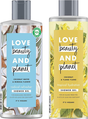 Love Beauty & Planet Shower Gel Coconut Water And Mimosa Flower Radical Refresher Blue Bundled With Coconut And Ylang Ylang Tropical Hydration Vegan Shower Gel