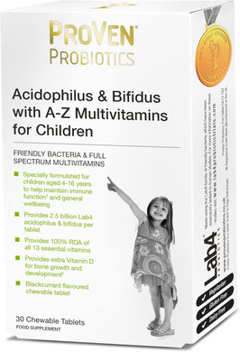 Proven Probiotics Acidophilus & Bifidus with A-Z Multivitamins for Children - Friendly Bacteria with Multinutrients