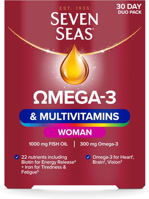 Seven Seas Omega-3 & Multivitamins Woman, with Biotin and Iron, 30-Day Duo Pack, 30 Omega-3 Capsules and 30 Multivitamin Tablets