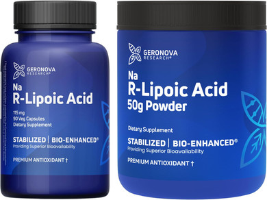 Geronova Research R-Lipoic Acid 115Mg 90 Caps, Bio-Enhanced Na R-Lipoic Acid 50G Powder Bundle