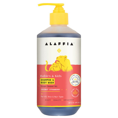 Alaffia Babies And Kids Shampoo And Body Wash, Gentle And Calming Support For Soft Hair And Skin With Shea Butter, Neem, And Coconut Oil, Fair Trade, Coconut Strawberry, 16 Fl Oz