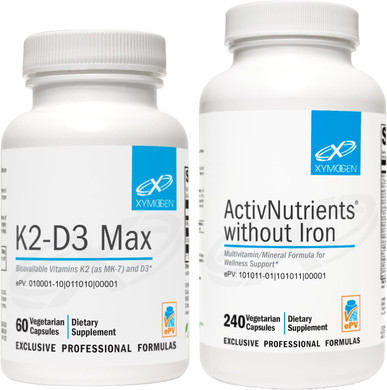 XYMOGEN ActivNutrients Without Iron (240 Capsules) + K2-D3 Max (60 Capsules) - Multivitamin for Energy and Mood Support with Vitamin D 5000 IU Capsules + Vitamin K2