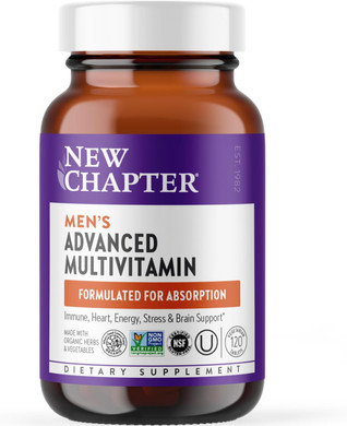 New Chapter Men's Multivitamin Advanced Formula for Stress, Brain, Immune, Heart & Energy Support, Higher Levels of Whole-Food Fermented Essential Nutrients for Men + Selenium + B Vitamins, 120 ct