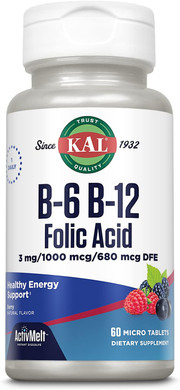 Kal Vitamin B-6, B-12 & Folic Acid Supplement, Heart Health, Energy & Red Blood Cell Support*, With Vitamin B12 Methylcobalamin & Folate, Natural Berry Flavor, 60 Servings, 60 Activmelt Micro Tablets
