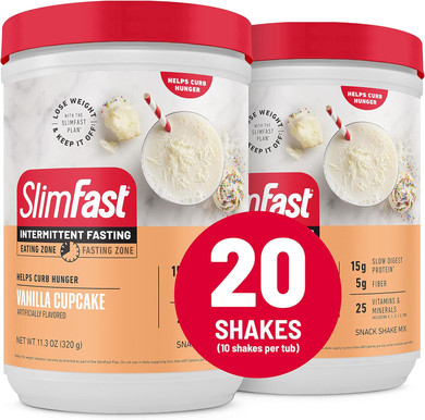 Slimfast Intermittent Fasting, Casein Protein Powder, Biotin With Vitamin & Mineral Bend, With Fiber, No Added Sugar, Snack Shake Mix- Vanilla Cupcake, 10 Servings (Pack Of 2)